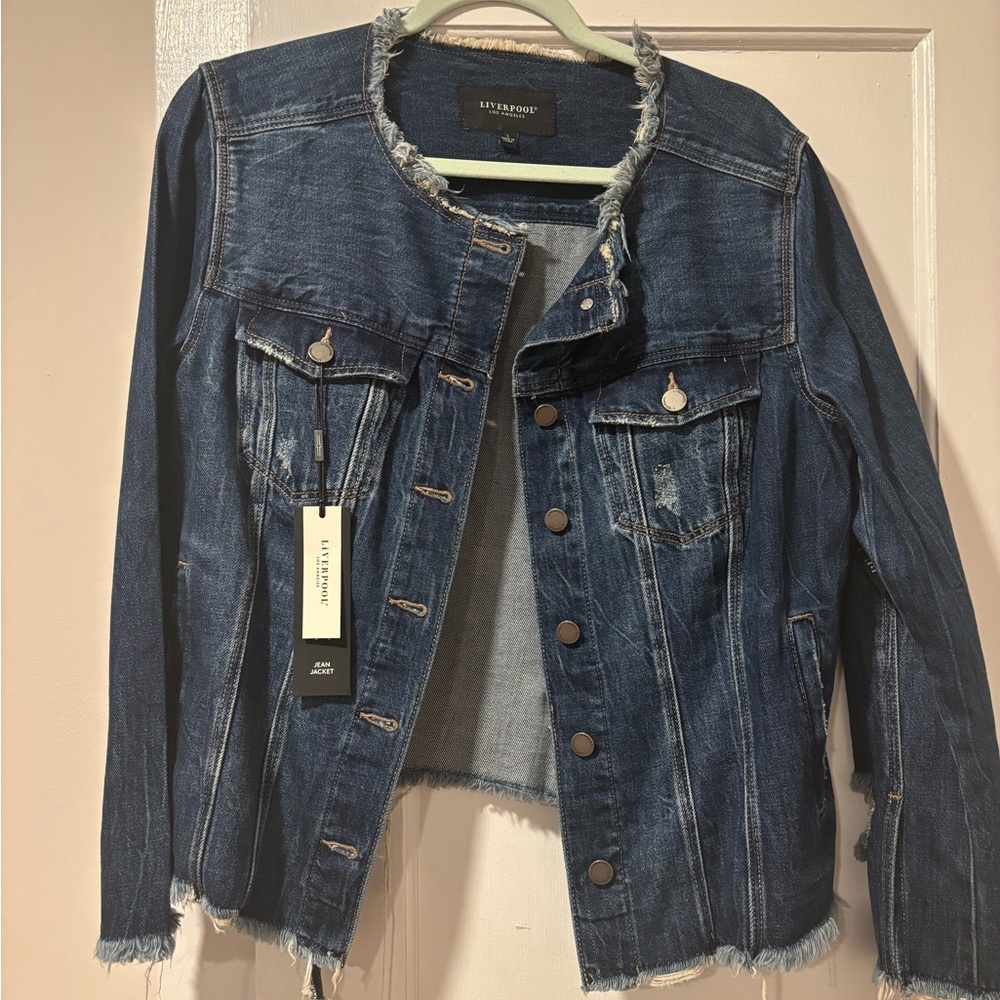 Liverpool Blue Cropped Jean Collarless Jacket Distressed